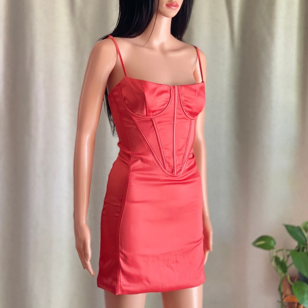 NWT Meshki Bridget Corset Mini Dress Coral Red Satin Bodycon Boned Bustier Sz L